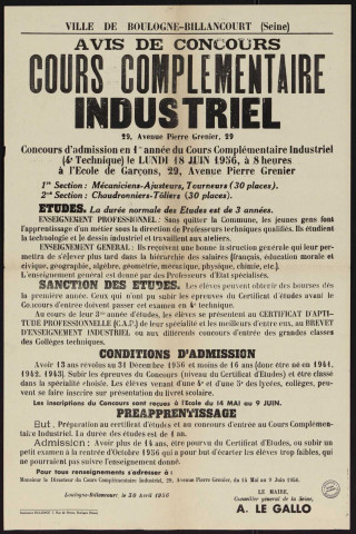 Avis de concours de cours complémentaire industriel [école de garçons 29 avenue Pierre-Grenier],