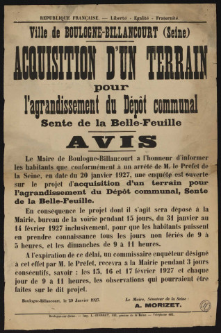 Acquisition d'un terrain pour l'agrandissement du dépôt communal sente de la Belle-Feuille : avis,