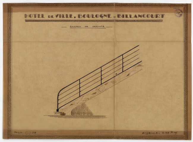 3ème TRANCHE2ème lot : 1ère partie - carrelage- Dossier GENTIL ET BOURDET : bordereau des échantillons et maquettes, photographies, devis descriptif, règlement particulier, règlement général, soumission plans (5)2ème lot : 2ème partie - revêtements- Dossier GENTIL ET BOURDET : bordereau et photographies (4)2ème lot : 3ème partie - dallage pierre- Dossier MARBRES, PIERRES & GRANITS : courrier, plans (3)- Dossier LIVERNET : projet, soumission, devis descriptif, règlement particulier, règlement général, plans (2)- Dossier SOCIETE INDUSTRIELLE DE MARBRERIE : plans (2), devis descriptif, règlement particulier2ème lot : 4ème partie - revêtements marbre- Dossier SOCIETE INDUSTRIELLE DE MARRERIE : plans (2), devis descriptif, règlement particulier, soumission4ème lot : ferronnerie- Dossier E. BORDEREL & ROBERT : calques (4)- Dossier MANCHELLE & PELTIER : plans (4)- Dossier REGNAULT : calques (4), soumission- Dossier LARDOT : devis descriptif, plans (2), dessins (2)- Dossier Jean PROUVE : plans (14), devis estimatif6ème lot : 1ère partie - peinture- Dossier R. COULON : devis descriptif- Dossier P. ROPPENNECK : courrier, devis estimatif- Dossier L. BLED : adjudication - concours, descriptif, devis chiffré- Dossier THOMAS & HARRISON : liste de quelques références de travaux- Dossier L. BERNARD : devis des travaux- Dossier L. PENAUD : devis, moyens d'action