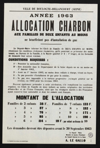 Allocation charbon aux familles de deux enfants au moins ne bénéficiant pas d'installation de gaz,