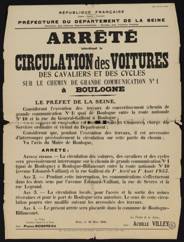 Arrêté interdisant la circulation des voitures, des cavaliers et des cycles sur le chemin départemental n°1,