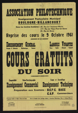 Association philotechnique : cours gratuits du soir, reprise des cours le 9 octobre 1961,