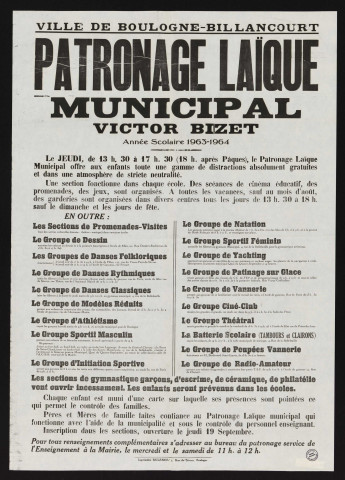 Patronage laïque municipal Victor Bizet : [activités proposées pendant l'] année scolaire 1963-1964,