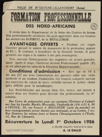 Formation professionnelle des Nord-Africains : réouverture le lundi 1er octobre 1956,