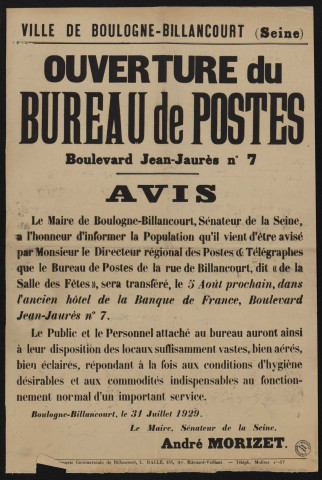 Ouverture du bureau de postes boulevard Jean-Jaurès n°7,