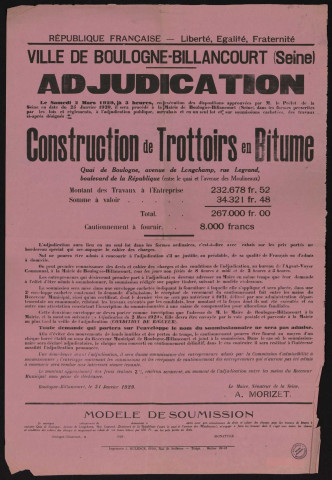 Adjudication : construction de trottoirs en bitume quai de Boulogne, avenue de Longchamp, rue Legrand, boulevard de la République,