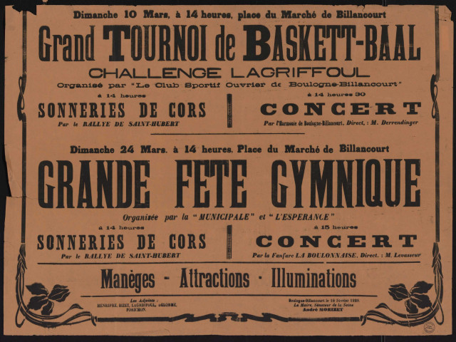 Grand tournoi de baskett-baal, challenge Lagriffoul, grande fête gymnique,