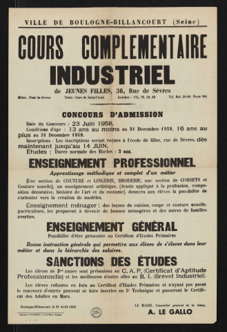 Cours complémentaire industriel de jeunes filles, 36 rue de Sèvres : concours d'admission,