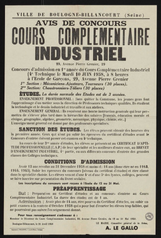 Avis de concours de cours complémentaire industriel,