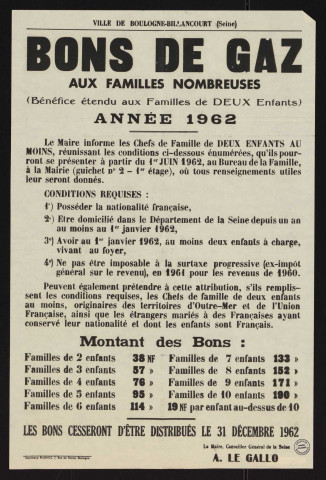 Bons de gaz aux familles nombreuses (bénéfice étendu aux familles de deux enfants), année 1962,