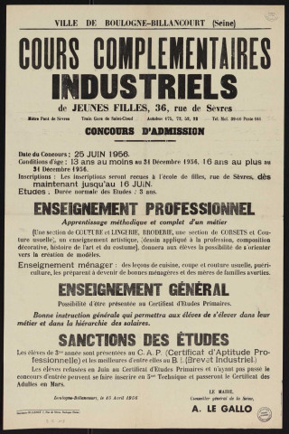 Cours complémentaire industriel de jeunes filles, 36 rue de Sèvres : concours d'admission,