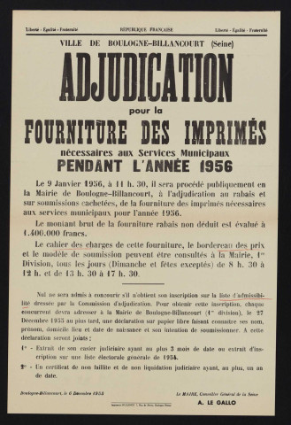 Adjudication pour la fourniture des imprimés nécessaires aux services municipaux pendant l'année 1956,