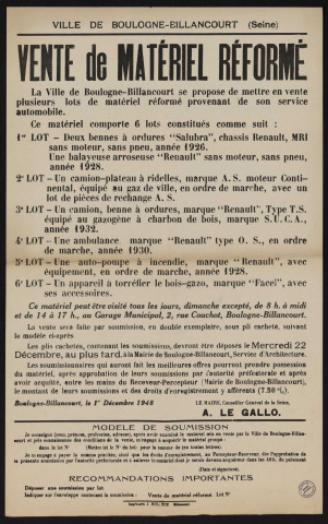 Vente de matériel automobile réformé,