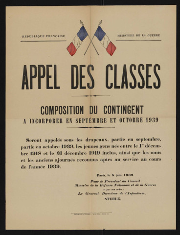 Appel des classes : composition du contingent à incorporer en septembre et octobre 1939,