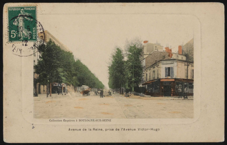 Avenue de la Reine, prise de l'Avenue Victor Hugo, Boulogne-Billancourt . route de la Reine . - perspectiveAu premier plan, l'avenue Victor Hugo. A droite un commerce et au centre un groupe d'homme et une charrette.