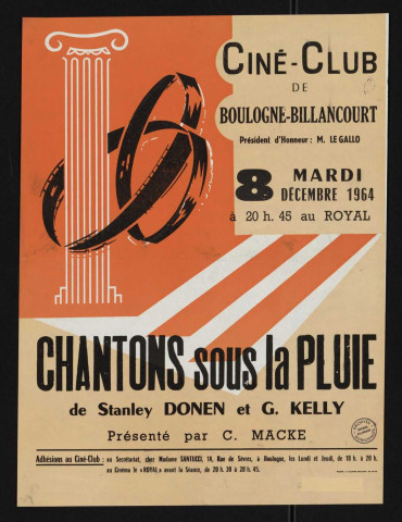 Ciné-Club de Boulogne-Billancourt, mardi 8 décembre 1964 : Chantons sous la pluie, de Stanley Donen et G. Kelly,