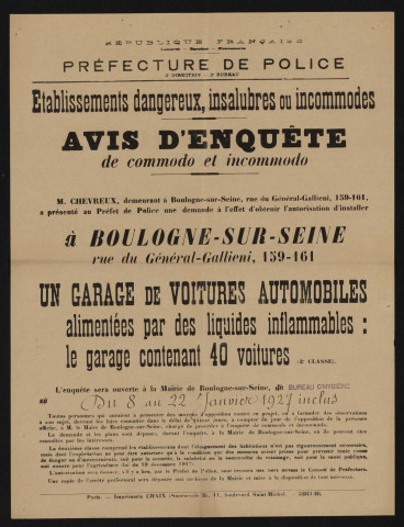 Avis d'enquête de commodo et incommodo : rue du Général-Galliéni 159-161, M. Chevreux : installation d'un garage de 40 voitures automobiles alimentées par des liquides inflammables.