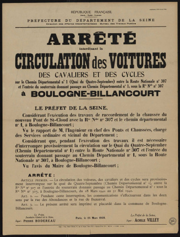 Arrêté interdisant la circulation des voitures, des cavaliers et des cycles sur le chemin départemental n°1 (quai du 4-Septembre) entre la route nationale n°307 et l'entrée du souterrain donnant passage au chemin départemental n°1,