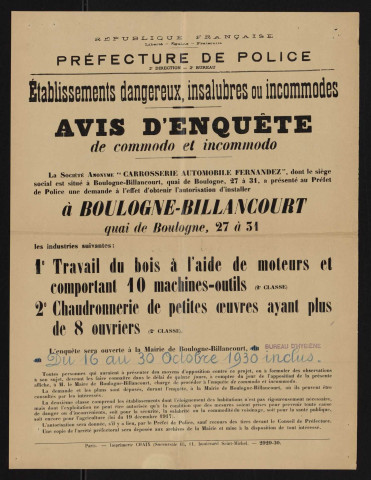 Avis d'enquête de commodo et incommodo : quai de Boulogne 27 à 31, Société anonyme Carrosserie automobile Fernandez : installation d'un atelier de travail du bois à l'aide de moteurs et comportant 10 machines-outils et chaudronnerie de petites oeuvres ayant plus de 8 ouvriers.