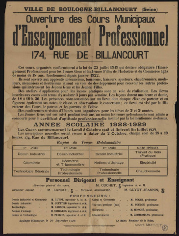 Ouverture des cours municipaux d'enseignement professionnel 174 rue de Billancourt,