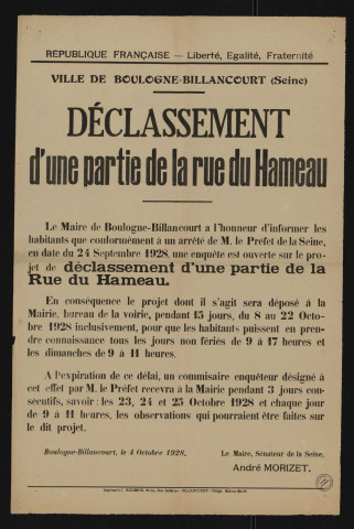 Déclassement d'une partie de la rue du Hameau,