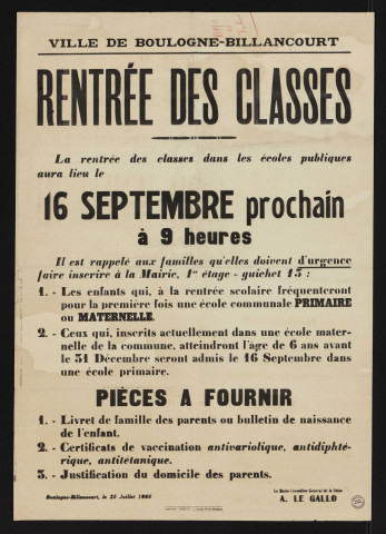 Rentrée des classes [le] 16 septembre,