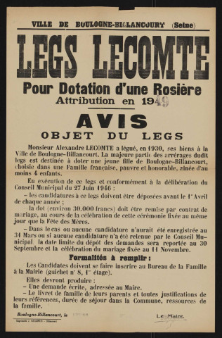 Legs Lecomte pour dotation d'une rosière : attribution en 1949,