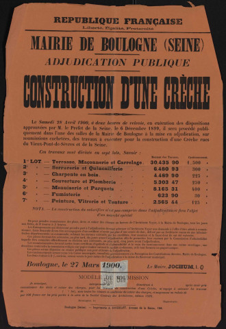 Construction d'une crèche [rue du Vieux-Pont-de-Sèvres et rue de la Seine] : adjudication publique,