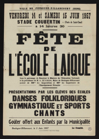 Fête de l'école laïque [au stade Coubertin les] vendredi 14 et samedi 15 juin 1957,