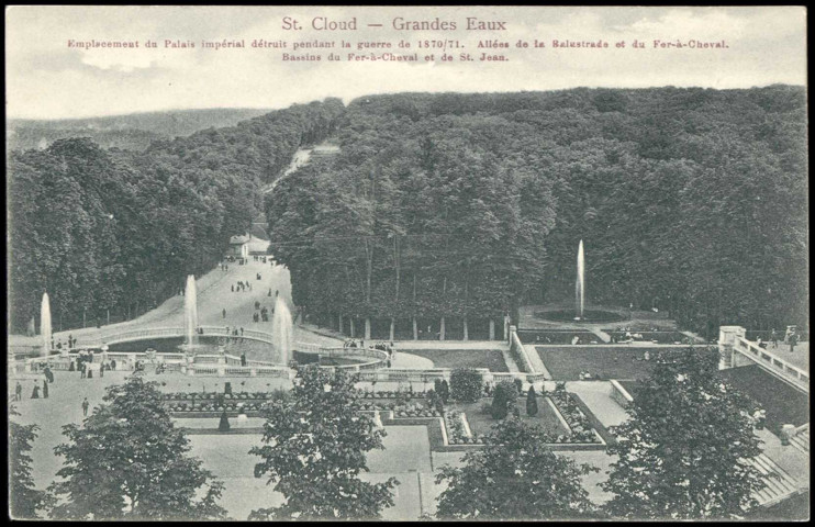 Saint-Cloud - Grandes Eaux - Emplacement du Palais impérial détruit pendant la guerre de 1870-71. Allée de la Balustrade et Fer-à-Cheval et de St Jean., Saint-Cloud - Parc . - PerspectiveVue en perspective des allées de la Balustrade et du Fer à Cheval ainsi que des bassins du Fer à Cheval et Saint Jean.