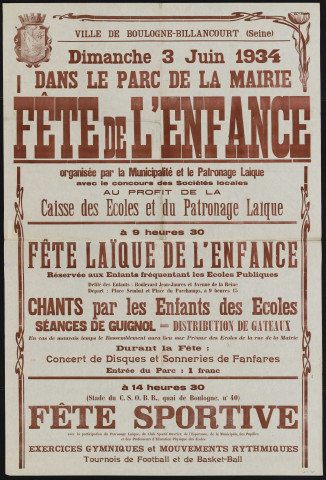 Fête de l'enfance organisée par la municipalité et le patronage laïque , Affiche en deux parties.