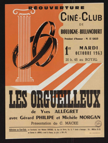 Réouverture Ciné-Club de Boulogne-Billancourt, mardi 1er octobre 1963 : Les Orgueilleux, de Yves Allégret,