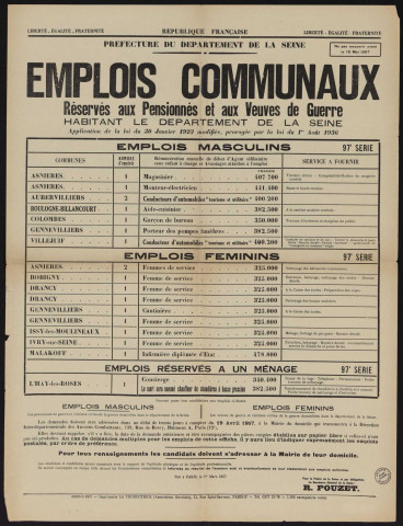 Emplois communaux réservés aux pensionnés et aux veuves de guerre habitant le département de la Seine, Recrutement à Boulogne-Billancourt d'un aide-cuisinier.