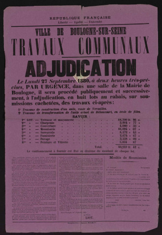 Adjudication [des] travaux de construction d'un asile, route de Versailles, [des] travaux de transformation de l'asile actuel de Billancourt en école de filles,