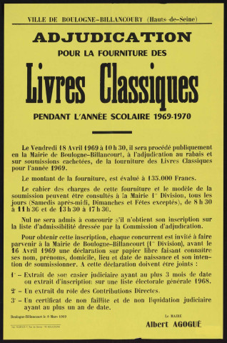 Adjudication pour la fourniture des livres classiques pendant l'année scolaire 1969-1970,