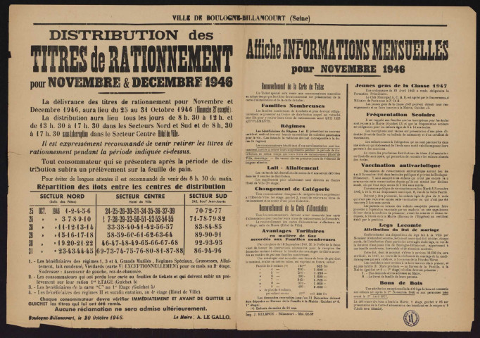 Distribution des titres de rationnement pour novembre 1946 ; informations mensuelles pour novembre 1946,