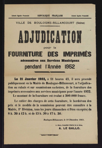 Adjudication pour la fourniture des imprimés nécessaires aux services municipaux pendant l'année 1952,