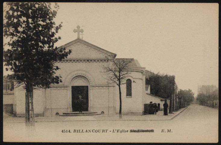 4514 - Billancourt - L'église Sainte-Elisabeth: un homme en uniforme militaire devant le portail de l'Eglise, à droite, trois passants. (s.d.)