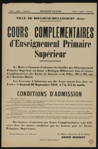 Cours complémentaires d'enseignement primaire supérieur é,