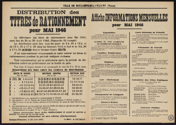 Distribution des titres de rationnement pour mai 1946 ; informations mensuelles pour mai 1946,