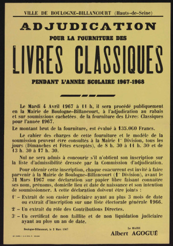 Adjudication pour la fourniture des livres classiques pendant l'année scolaire 1967-1968,