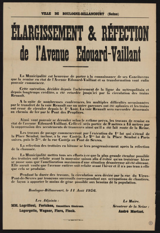 Elargissement et réfection de l'avenue Edouard-Vaillant,