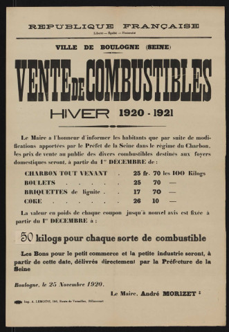 Vente de combustibles, hiver 1920-1921,