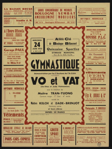 Quinzaine sportive, gymnastique : démonstration vo et vat, Nombreuses publicités d'entreprises.