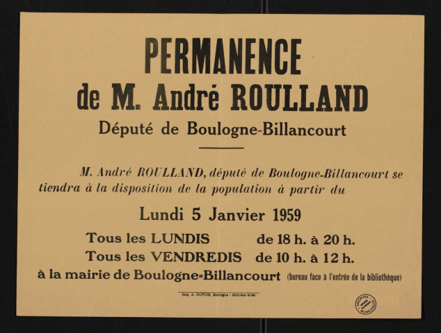 Permanence de M. André Roulland, député de Boulogne-Billancourt [le lundi 5 janvier 1959],