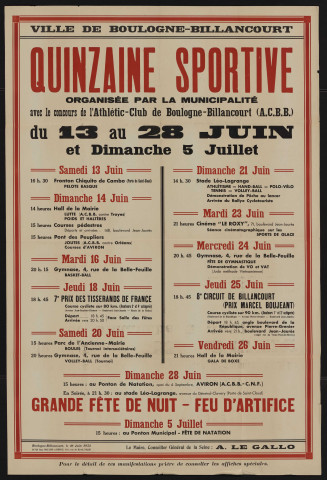 Quinzaine sportive organisée par la municipalité avec le concours de l'Athlétic-Club de Boulogne-Billancourt ,