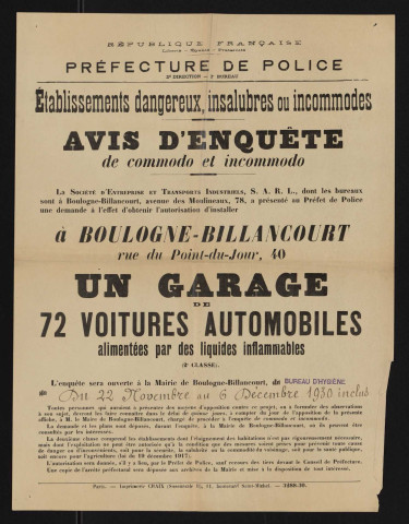 Avis d'enquête de commodo et incommodo : rue du Point-du-Jour 40, Société d'entreprise et transports industriels : installation d'un garage de 72 voitures automobiles alimentées par des liquides inflammables.