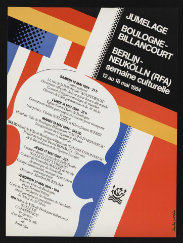 Jumelage Boulogne-Billancourt Berlin-Neukölln : semaine culturelle 12 au 18 mai 1984, Graphisme Bucher Cromières.