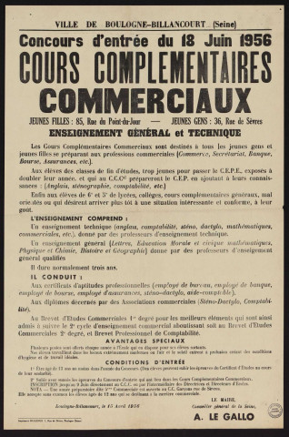 Concours d'entrée du 18 juin 1956 : cours complémentaires commerciaux,