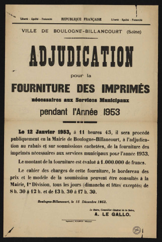 Adjudication pour la fourniture des imprimés nécessaires aux services municipaux pendant l'année 1952,